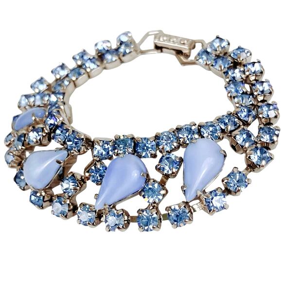 Vintage 1950s Blue Glass Rhinestone Moonglow Bracelet Mid Century Silver Tone - Picture 1 of 15